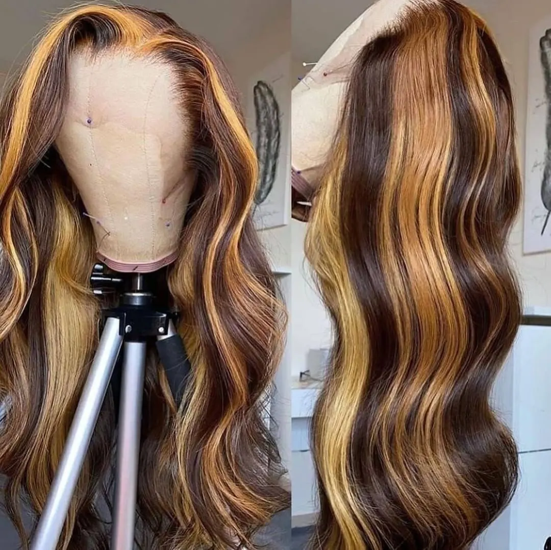 Peruca de cabelo brasileiro, atacado virgin cabelo brasileiro de alta densidade 13x4 corpo, onda profunda, highlight, colorida, peruca frontal transparente