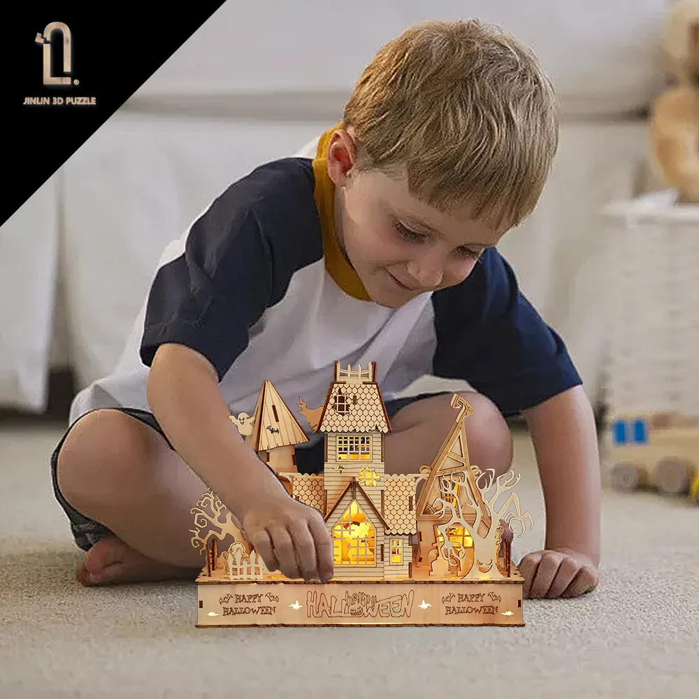 थोक नए हेलोलीन उपहार डिय भूत फेस्टिवल हाउस किशोर 3 डी लकड़ी की पहेली बच्चों हस्तनिर्मित 3 डी शैक्षिक खिलौने