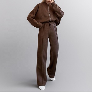 Özel kadın o yaka üst ve tuval spor Hoodie seti katı desen rahat gevşek dantel sonbahar günlük giyim için iki parçalı Set