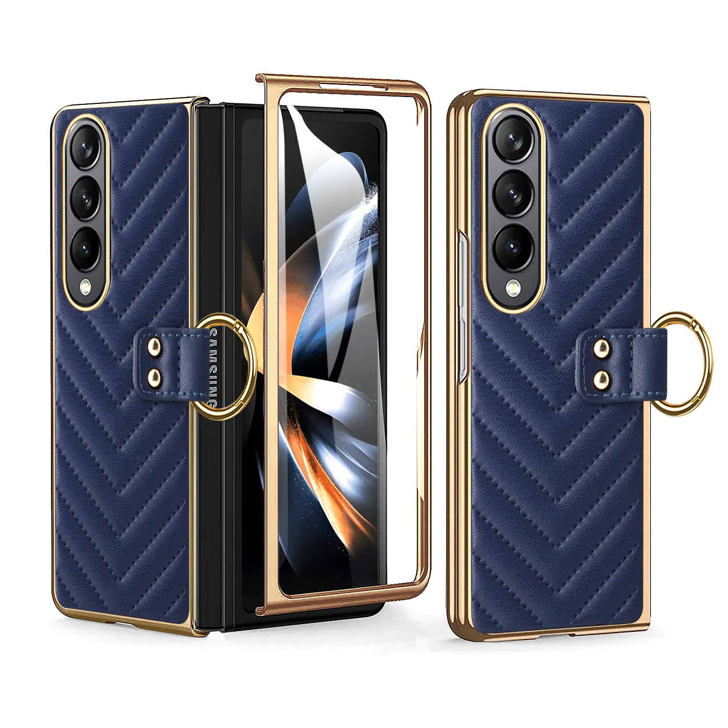 Custodia in pelle con supporto ad anello per Samsung Galaxy Fold Z 4 3 2 Cover antiurto per PC con placcatura per Samsung Fold 4 3 2