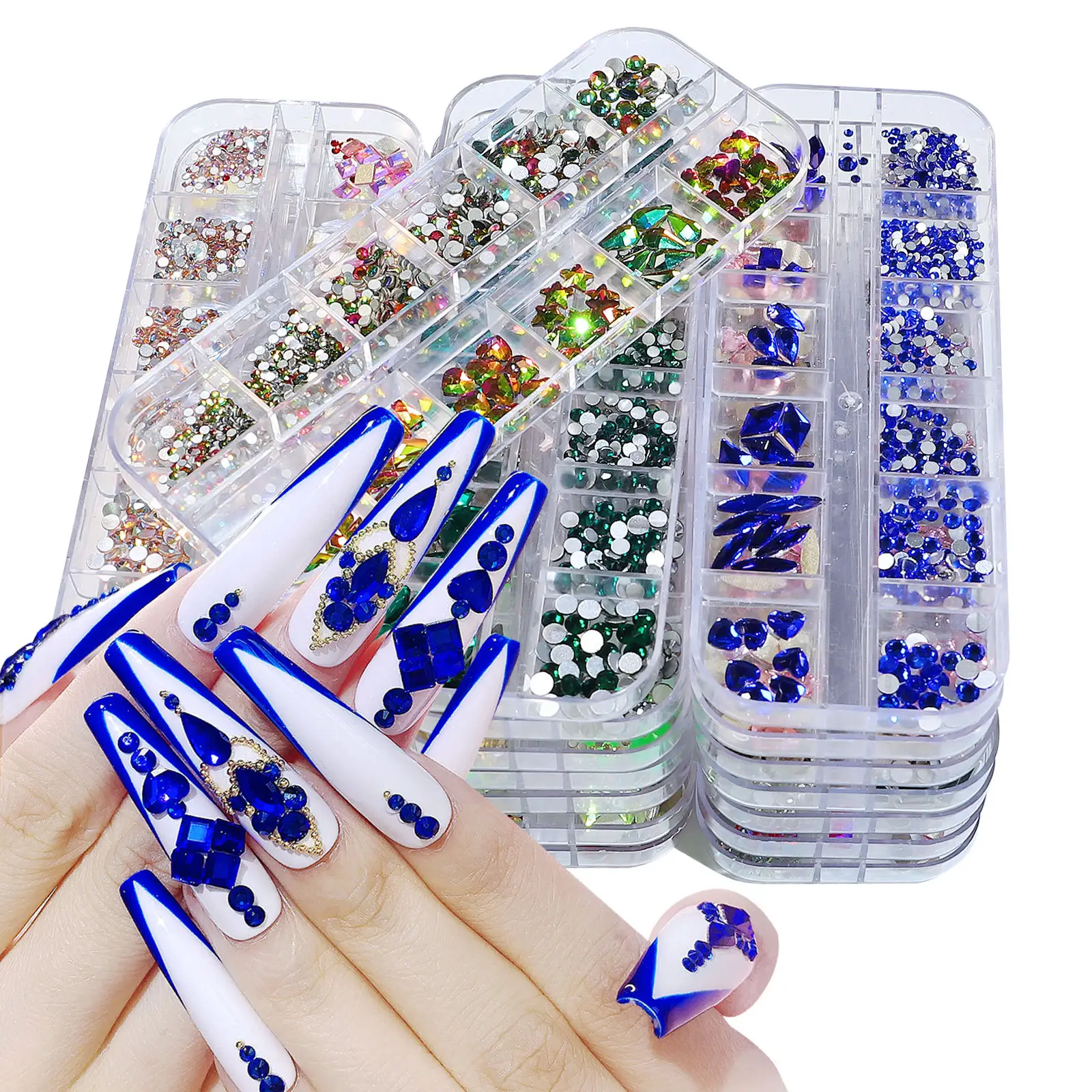 Vente en gros Nouveau 12 grilles ongles irréguliers fond plat AB couleur strass taille mixte nail art décoration cristal strass