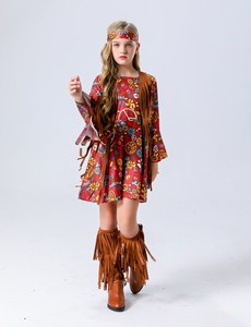 ชุดคอสตูมสำหรับเด็กแนวฮิปปี้ย้อนยุคสไตล์ฮาโลวีนสาวอเมริกันอินเดียเครื่องแต่งกายสำหรับเล่นบทบาทคนเถื่อน - Product Image 2