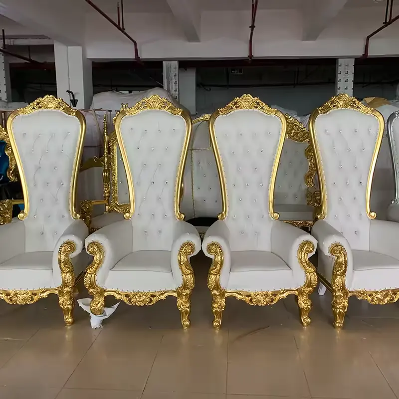Antiguo oro respaldo alto banquete Hotel sofá de madera rey y reina negro Rosa Blanco lujo boda trono sillas para eventos