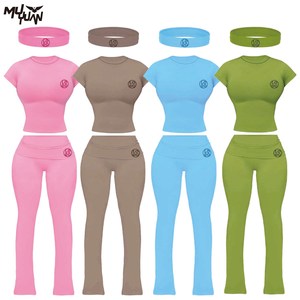 מותאם אישית Loungewear pima כותנה 2 חתיכה סט בגדים נשים לקפל מעל מתפתלים מכנסיים סט רגליים פתוח שמלת ילדה גבוהה