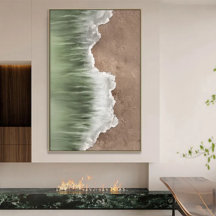 Handmade trừu tượng vải bãi biển tác phẩm nghệ thuật Đại dương sóng 3D kết cấu tường nghệ thuật màu xanh lá cây cảnh biển bức tranh trang trí nội thất