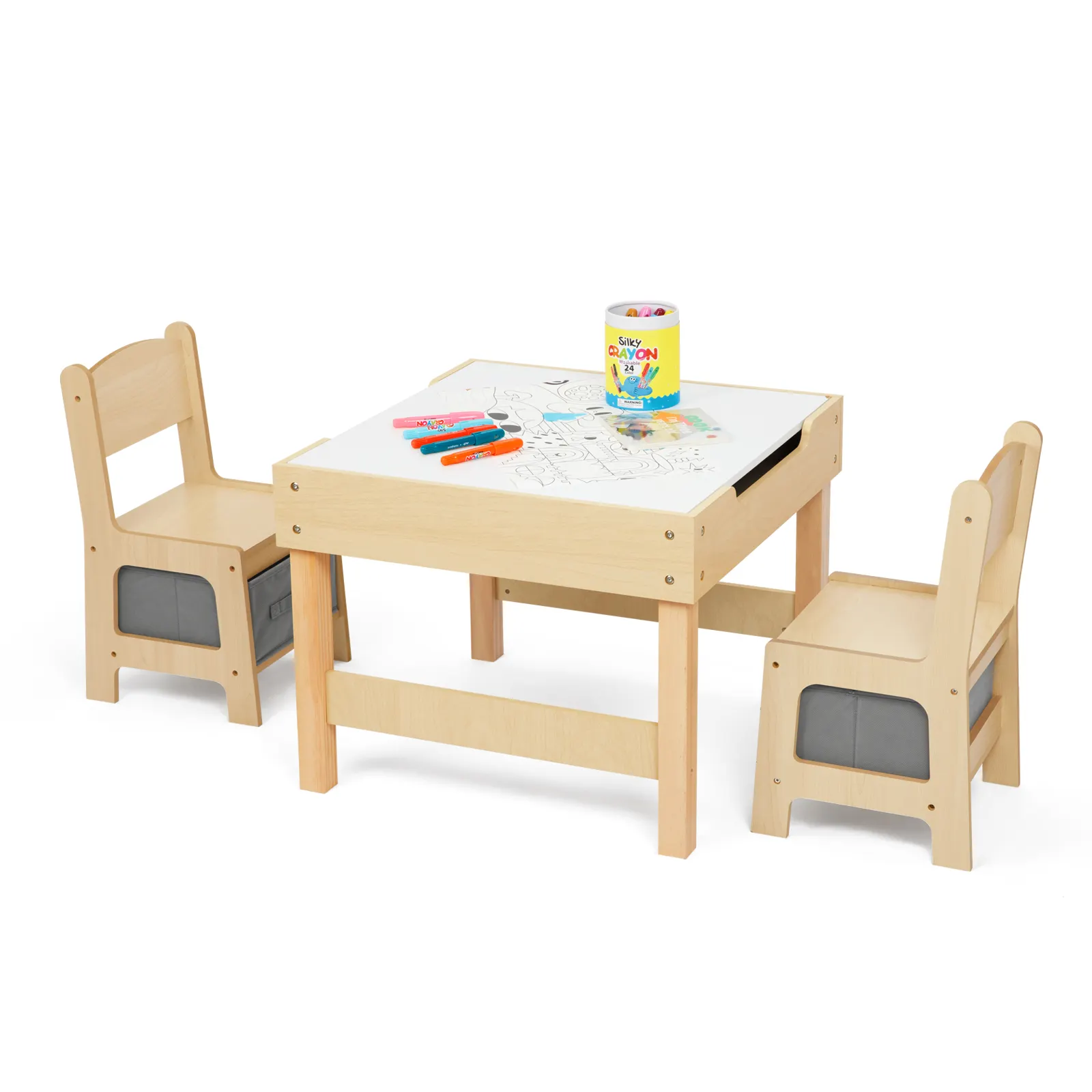 Houten Kindermeubelsets Dubbelzijdige Schoolbordtafel En Stoelen Voor Kinderen Activiteitentafel Met Opbergdoos