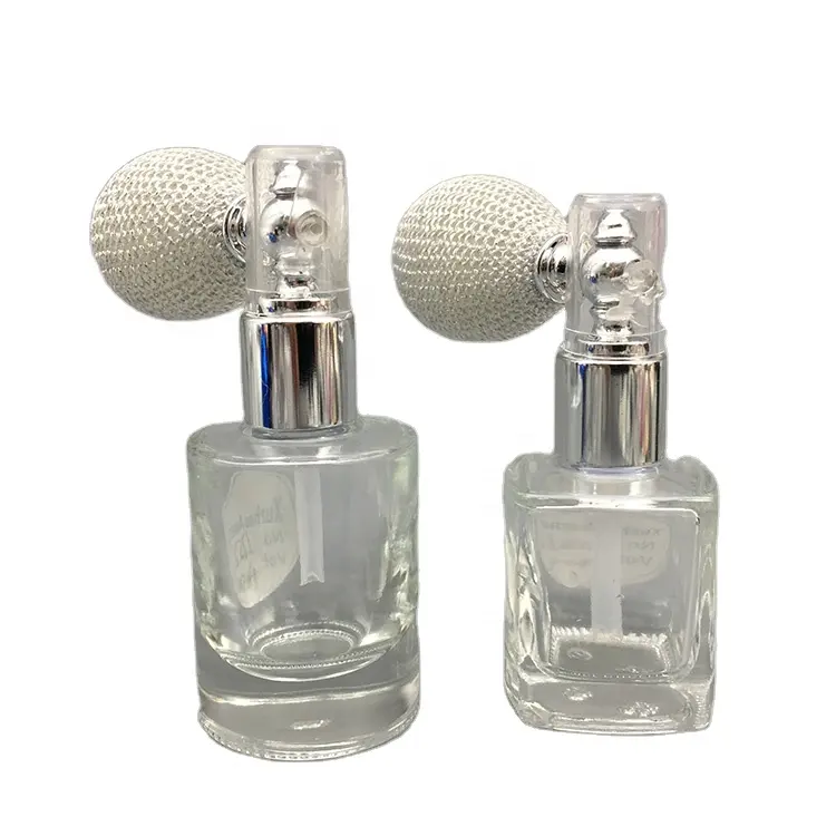 small empty 14ml square round glass dry glitter powder spray bottle with screw neck Fine Mist airbag powder pump