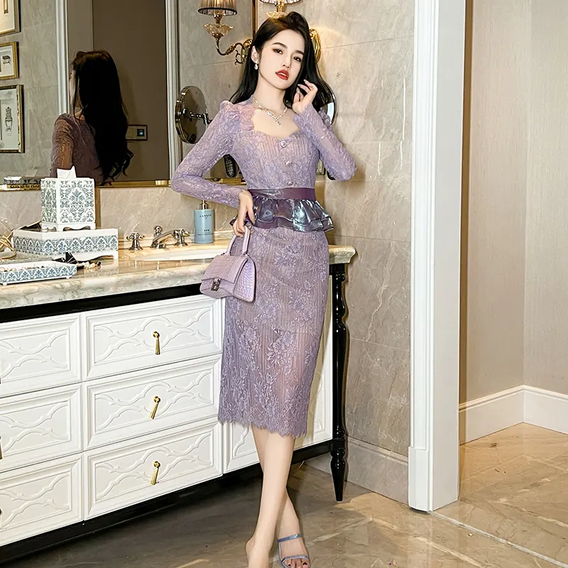 ZYHT 20823 vestido dividido con dobladillo ondulado Floral de encaje púrpura tela brillante cintura delgada con volantes hasta la rodilla vestido informal