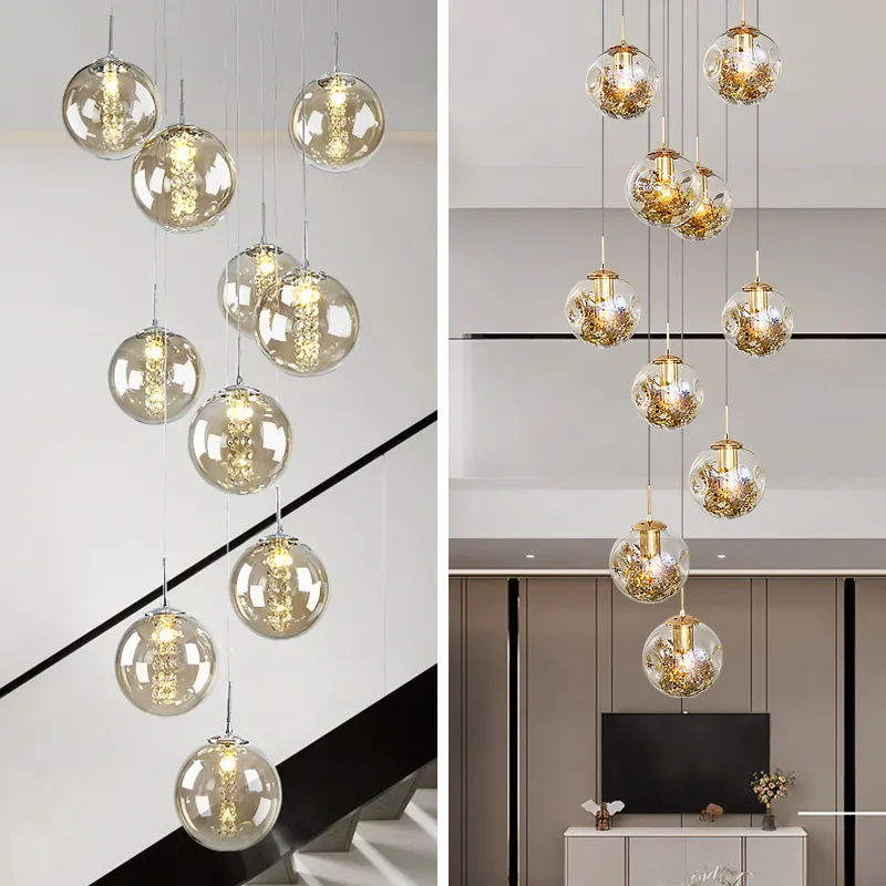 Italian Villa orb Glass Stairs Pendant Hanging Light Spiral long Hanging lamps Modern Glass Staircase Chandelier for Villa Home