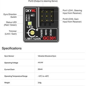 SKYRC GC301 4-8.4V迷你陀螺传感器陀螺仪，用于RC汽车漂移转向输出校正集成紧凑型 - Product Image 1