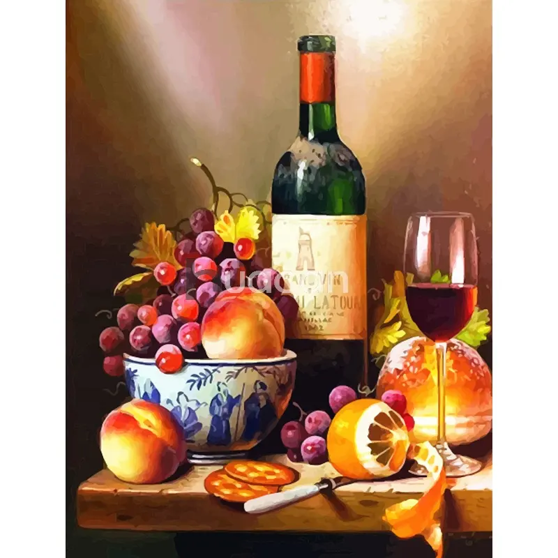 لوحة HUACAN بواسطة عدد مجموعات الفاكهة رسم قماش رسم يدوي صورة ذاتية الصنع بواسطة أرقام النبيذ لا يزال هدية الحياة
