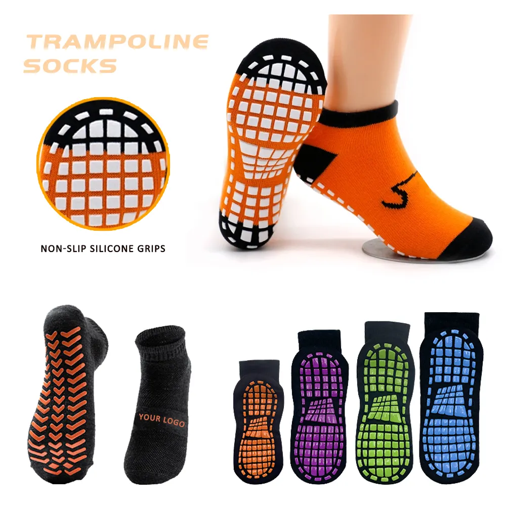 Emballage gratuit Échantillon gratuit OEM Logo personnalisé Chaussettes pour trampoline Terrain de jeu intérieur Chaussettes de saut antidérapantes Chaussettes pour trampoline