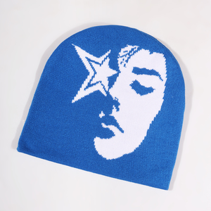 Custom Winter Jacquard Beanie Hats Animated Pattern Style Star Human Face Knitted Cuffed <strong>Toque</strong> with Plaid Character <strong>Image</strong> Style