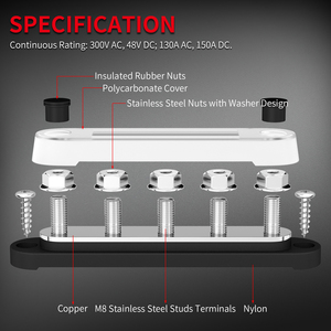 12-48VDC 5 X M8 <strong>Busbar</strong> 150A Terminals Bus Bar Copper Power Distribution Terminal Blocks with Cover for Car Boat - Product Image 5