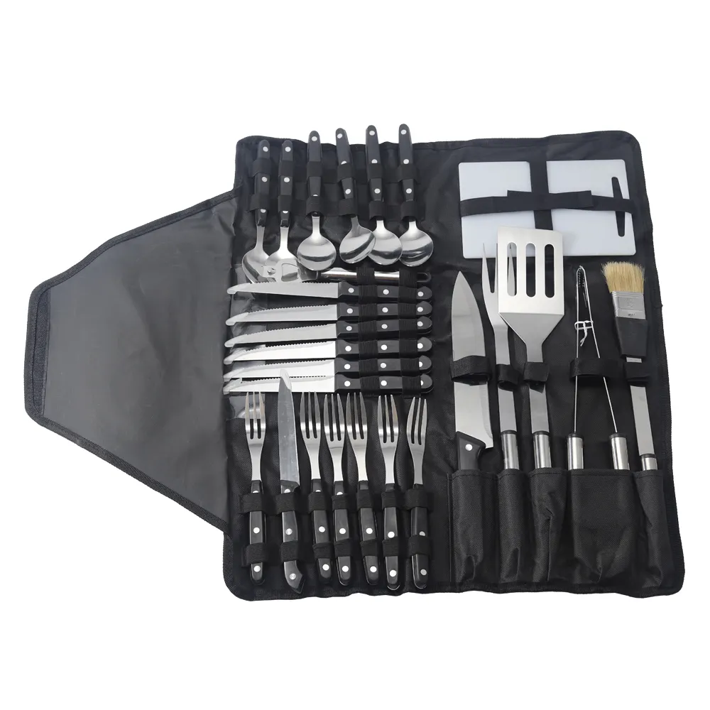 edelstahl grill-grill-grill-tool-set mit gabel-löffel-messer für outdoor camping