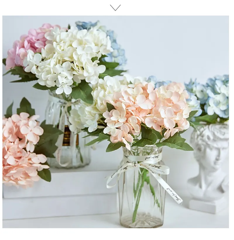 Commercio all'ingrosso stelo corto bianco blu ortensia fiori artificiali Bulk sposa Bouquet tessuto di seta Flores fiore per la decorazione domestica