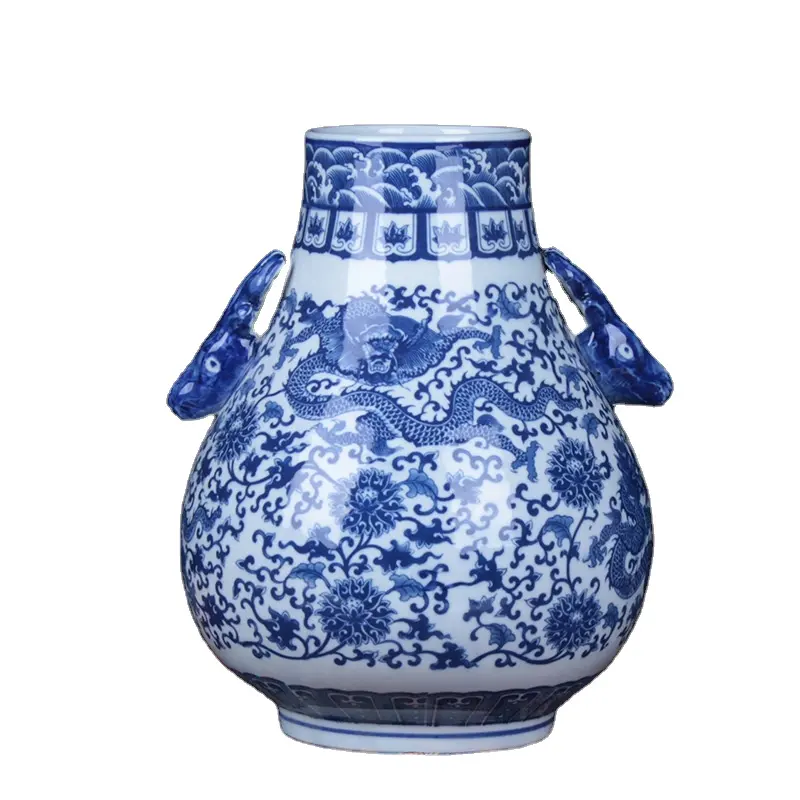 Azul e branco da porcelana vaso com teste padrão do dragão com orelhas de casal antigo fu balde vasos de flores