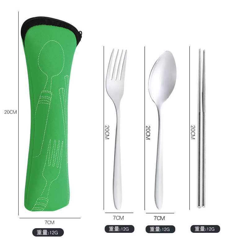 Juego de tres piezas de palillos, tenedor y cuchara con cuerpo ligero, color verde