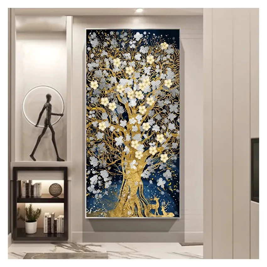 100% albero d'oro fatto a mano fiori opere d'arte nordica albero dei soldi astratti dipinti ad olio su tela acrilica