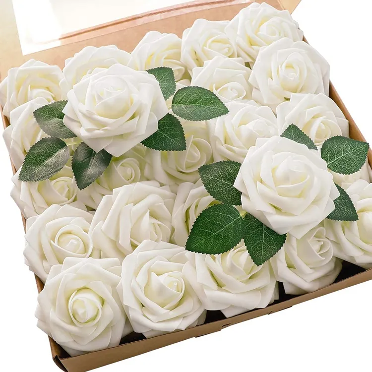 Искусственные цветы, 25 шт., настоящие поролоновые Имитационные розы цвета слоновой кости с стеблями для самостоятельного изготовления свадебных букетов, белые свадебные букеты KZH365