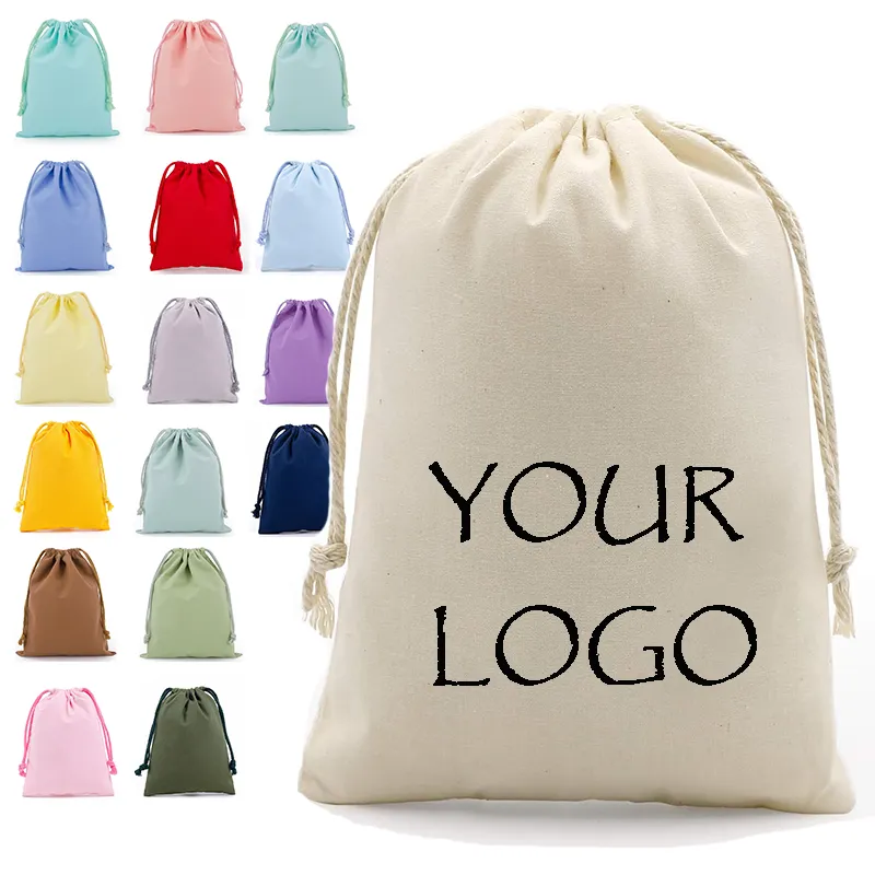 Custom Eco Vriendelijke Biologische Mousseline Katoenen Zakje Promotionele Kleine Witte Calico Doek Canvas Drawstring Tas Met Logo Bedrukt