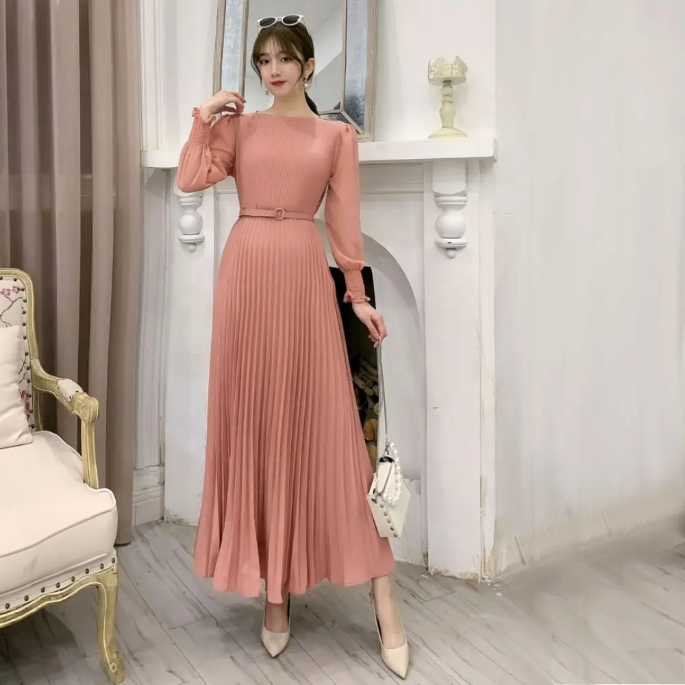 2022 नई ग्रीष्मकालीन लेडी सुरुचिपूर्ण स्वभाव ओ-गर्दन लंबी आस्तीन पोशाक उच्च कमर फीता शिफॉन एक लाइन Pleated मैक्सी पोशाक के लिए महिलाओं