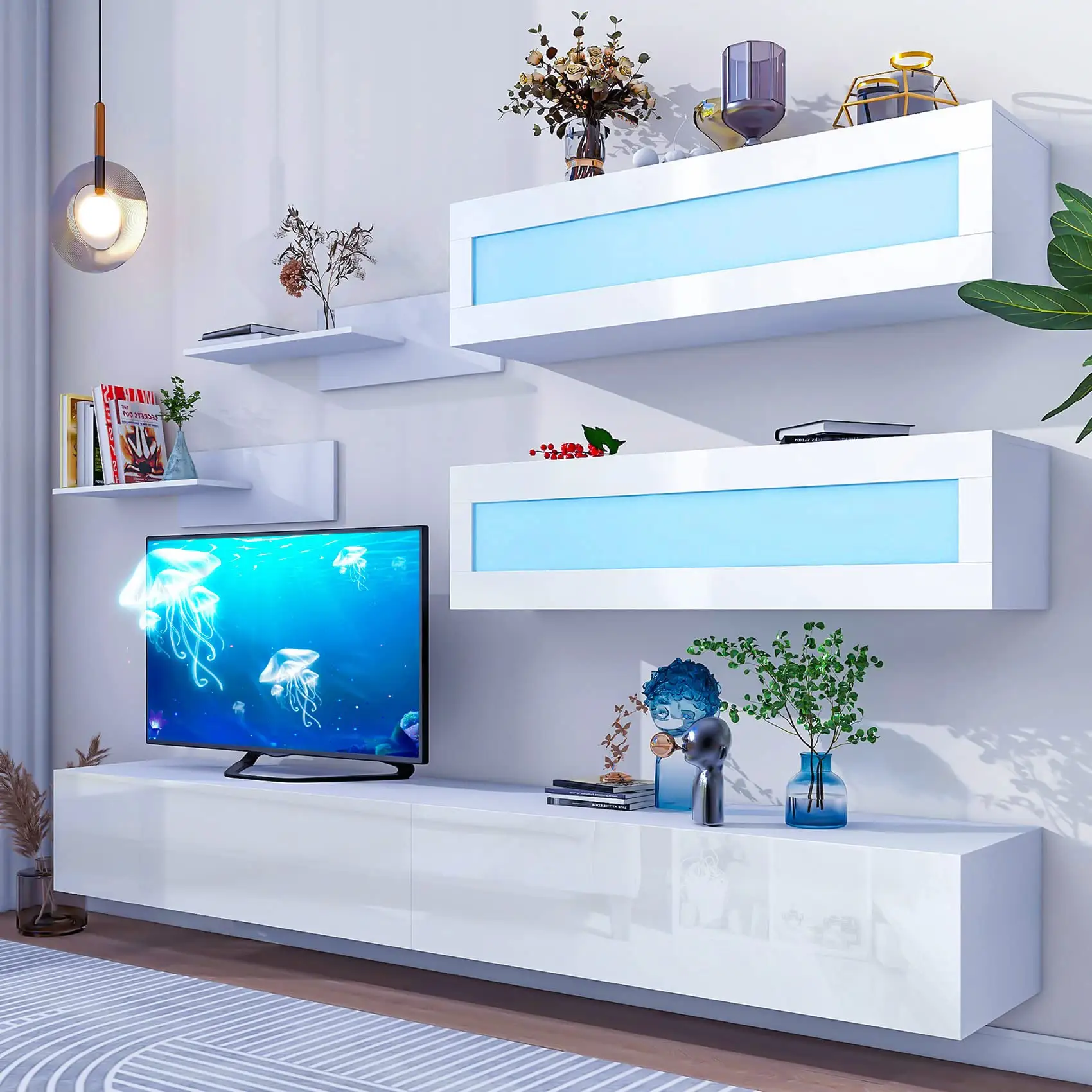 סט מעמד טלוויזיה צף מודרני יחידת קיר מבריקה מרכז בידור עם נורות LED לסלון