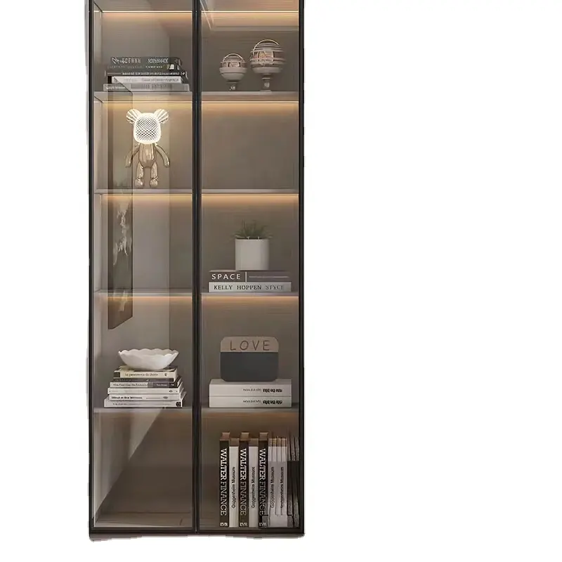 Armoire de style européen placard chambre à coucher porte vitrée fermée en bois avec lumière LED espace de rangement pour vêtements et robes