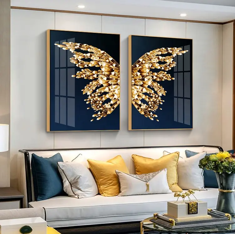 Pintura de porcelana de cristal abstracta con mariposa dorada moderna, obra de arte con marco de Metal de aluminio para decoración de sala de estar