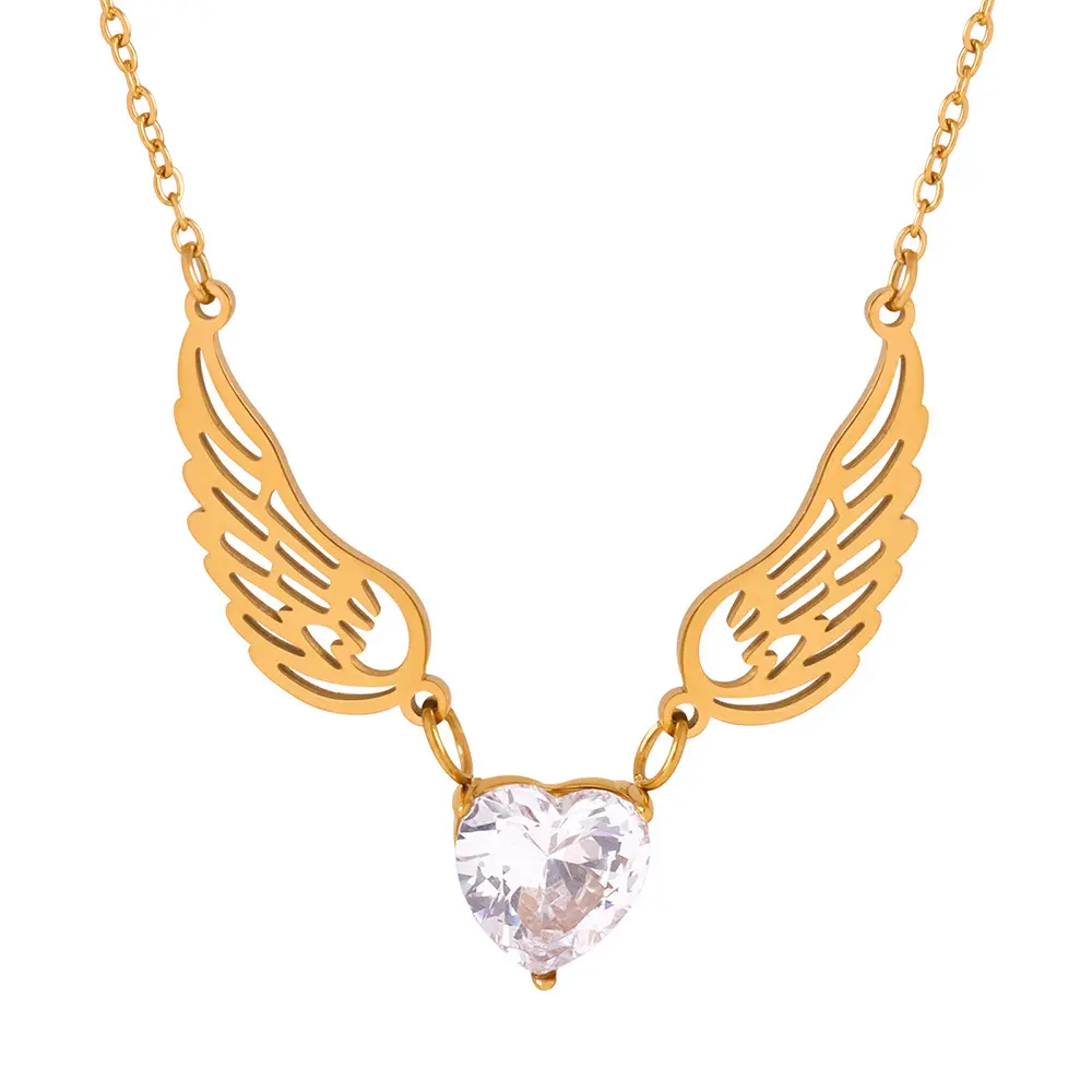 Vente en gros de bijoux de mode raffinés personnalisés Collier à pendentif en acier inoxydable plaqué or 18 ct avec cœur d'amour et zircon et aile d'ange pour femmes