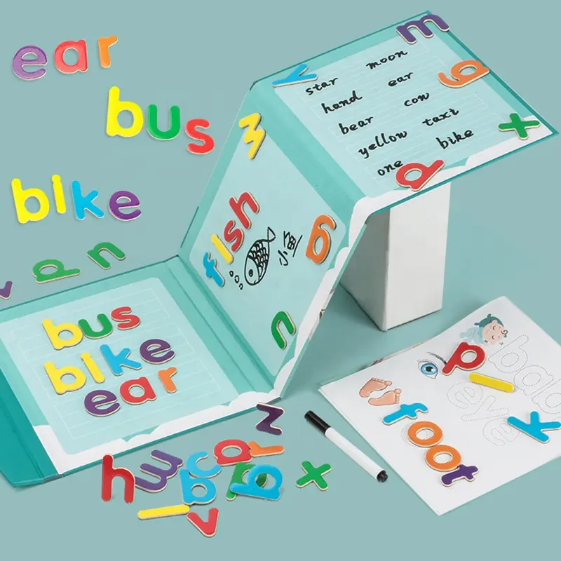 Лидер продаж, Детские Обучающие буквы, Обучающие подходящие игрушки, детская книга Монтессори с магнитными наклейками, деревянная книга для английского правописания