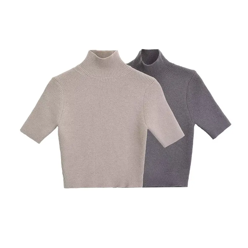 Blusa de manga curta de tricô para mulheres, top slim fit básico primavera 2024 cinza gola alta, pequena 9598378