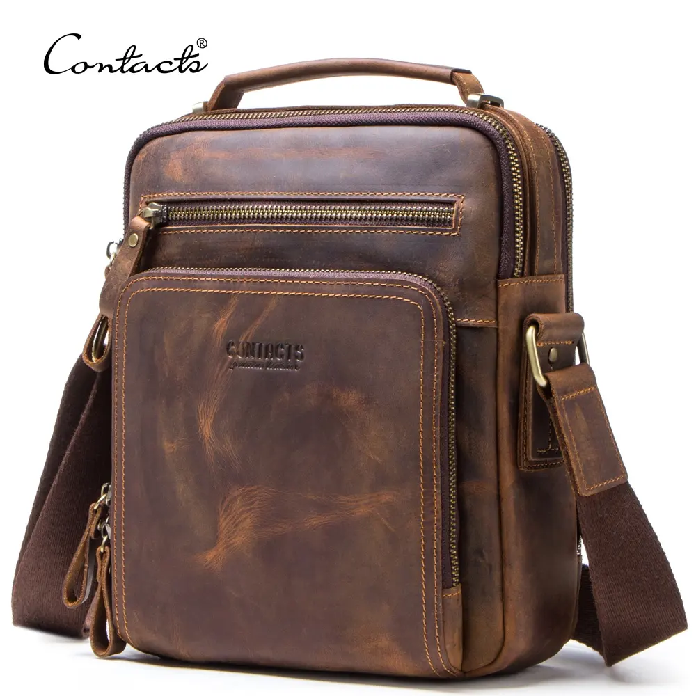 Contact 'S Vintage Crazy Horse Lederen 9.7 Inch Pad Echt Leer Mannen Anti Diefstal Schouder Messenger Tas Met Veel Zakken