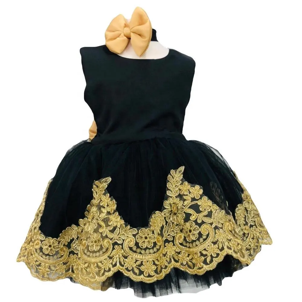 Siyah sarı düşük kesim geri parti elbise toptan özel yenidoğan yeni tasarım doğum günü düğün elbise çocuk çocuk giyim