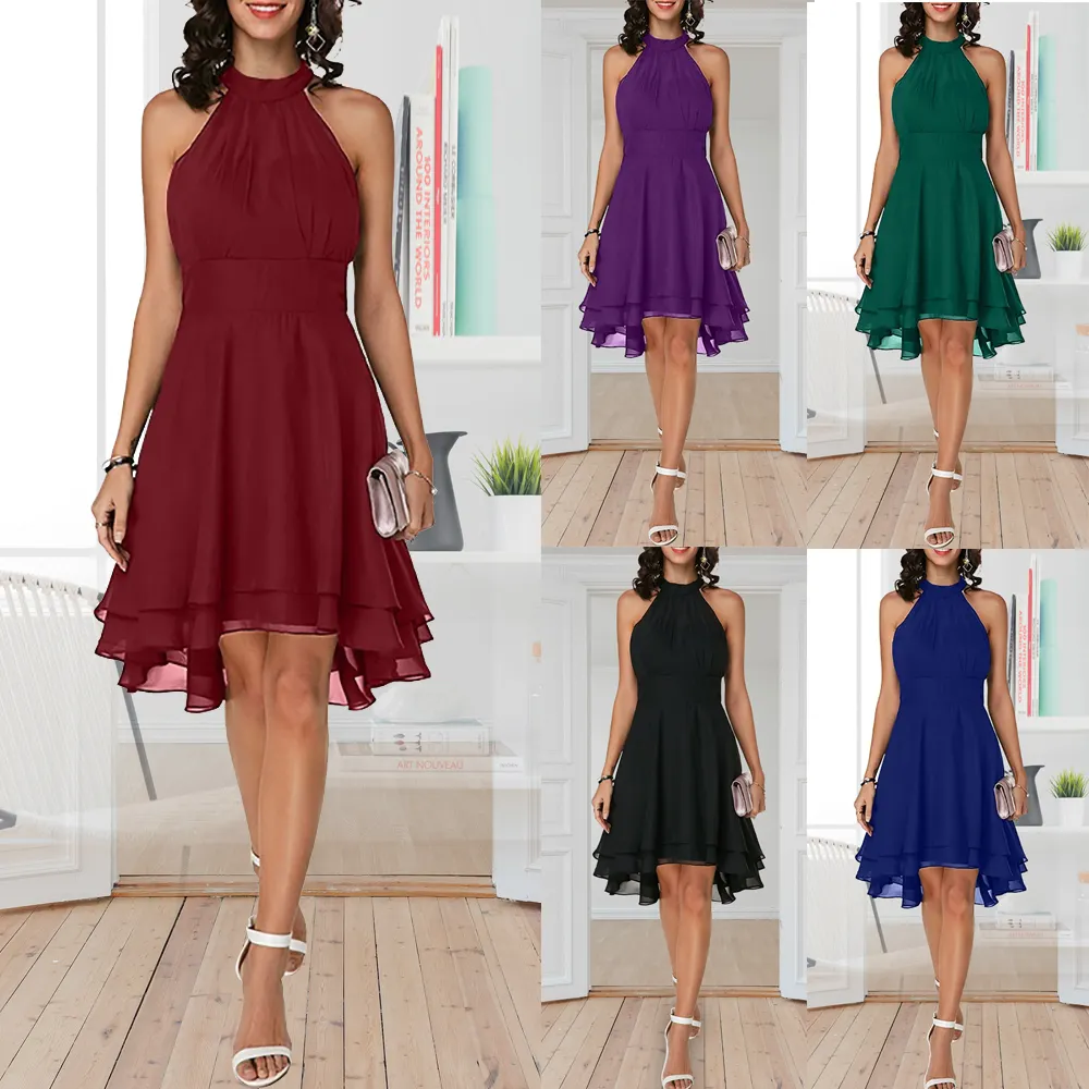 The new summer fashion of 2021 pure color sleeveless double chiffon dress with neck hanging