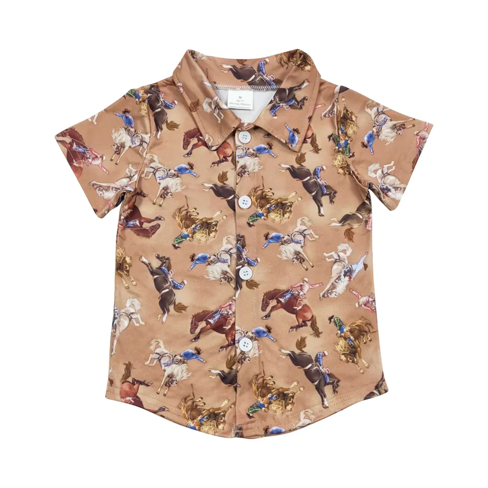 Camisa com estampa de cavalo cowboy BT0525 para bebês de 0 a 24 meses, roupas boutique de férias para bebês, roupas de verão