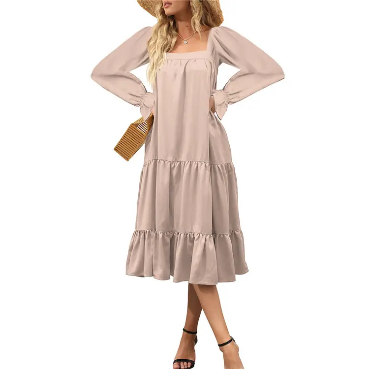 Vestido elegante de mujer de manga larga informal suelto en capas plisado gran columpio vestidos de mujer ropa de mujer servicio OEM Natural sólido