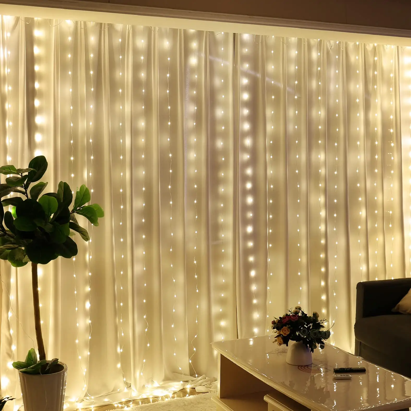 Cortina de janela com luzes 300 LED, 8 modos de iluminação, lâmpada de fadas plug-in, decoração para casa e casamento, festa de Natal