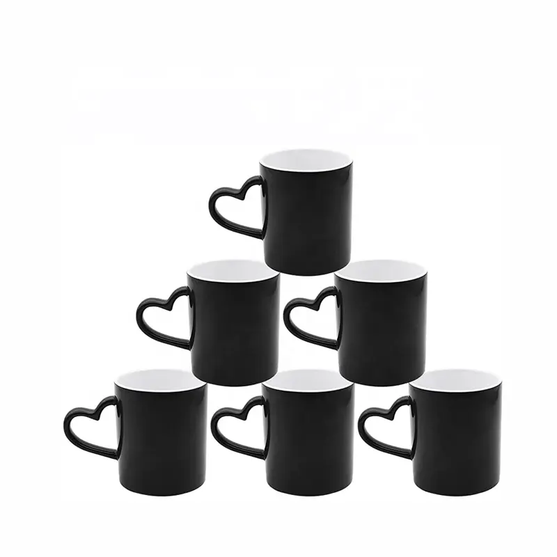 11oz sublimation magical mug heart shape handle ceramic mug black Color Changing coffee Mug