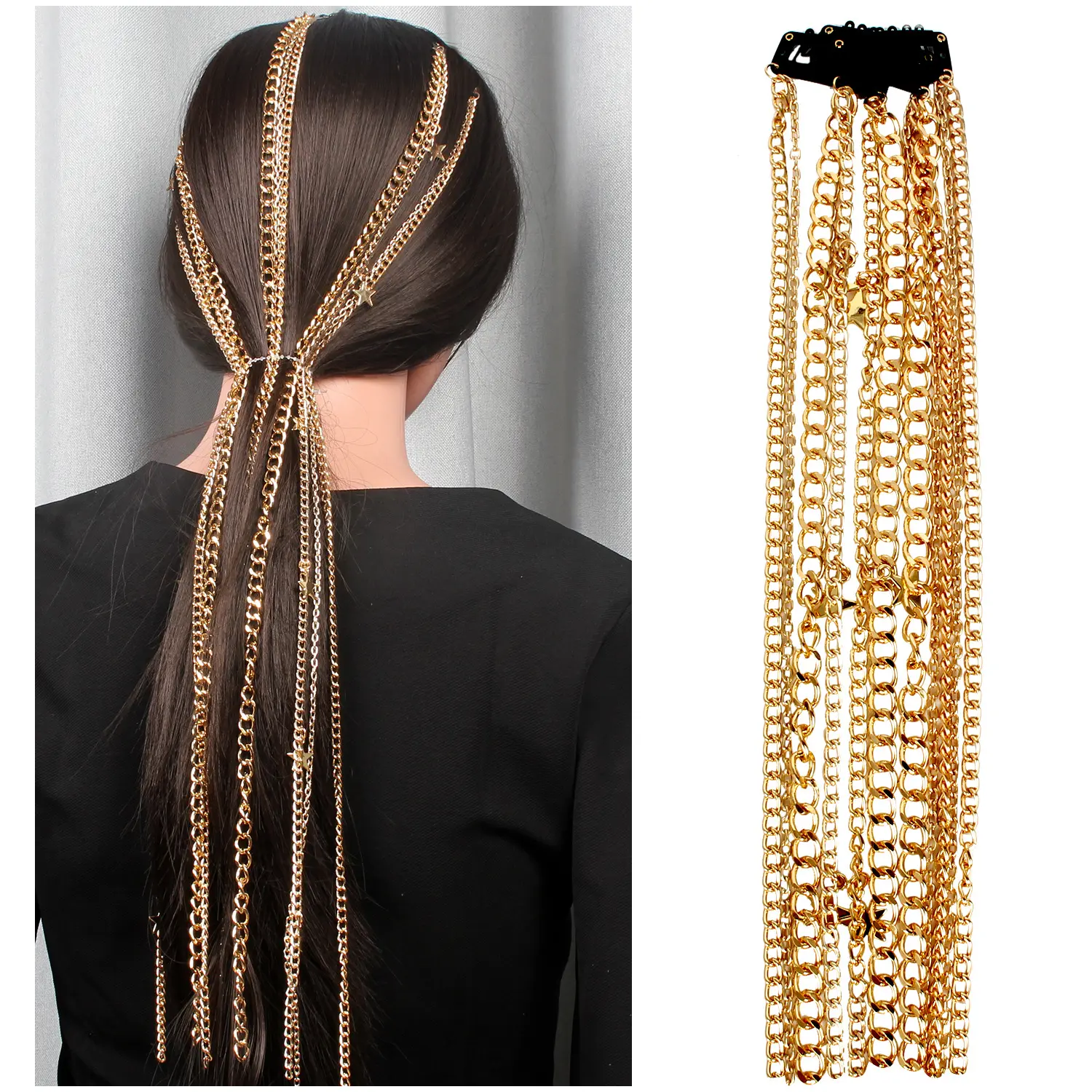 Cadena de pelo con flecos para mujer, extensión de peluca hecha a mano de Metal, tocado con cabeza dorada, multiestilo, gran oferta