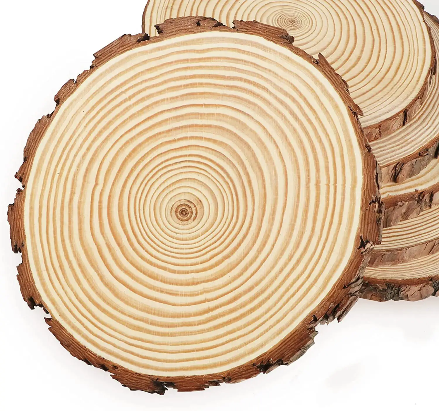 Rodajas de madera redondas de pino Natural, círculos personalizados con discos de tronco de corteza de árbol, grabado láser, pintura artesanal, tallado en madera, 5 uds.