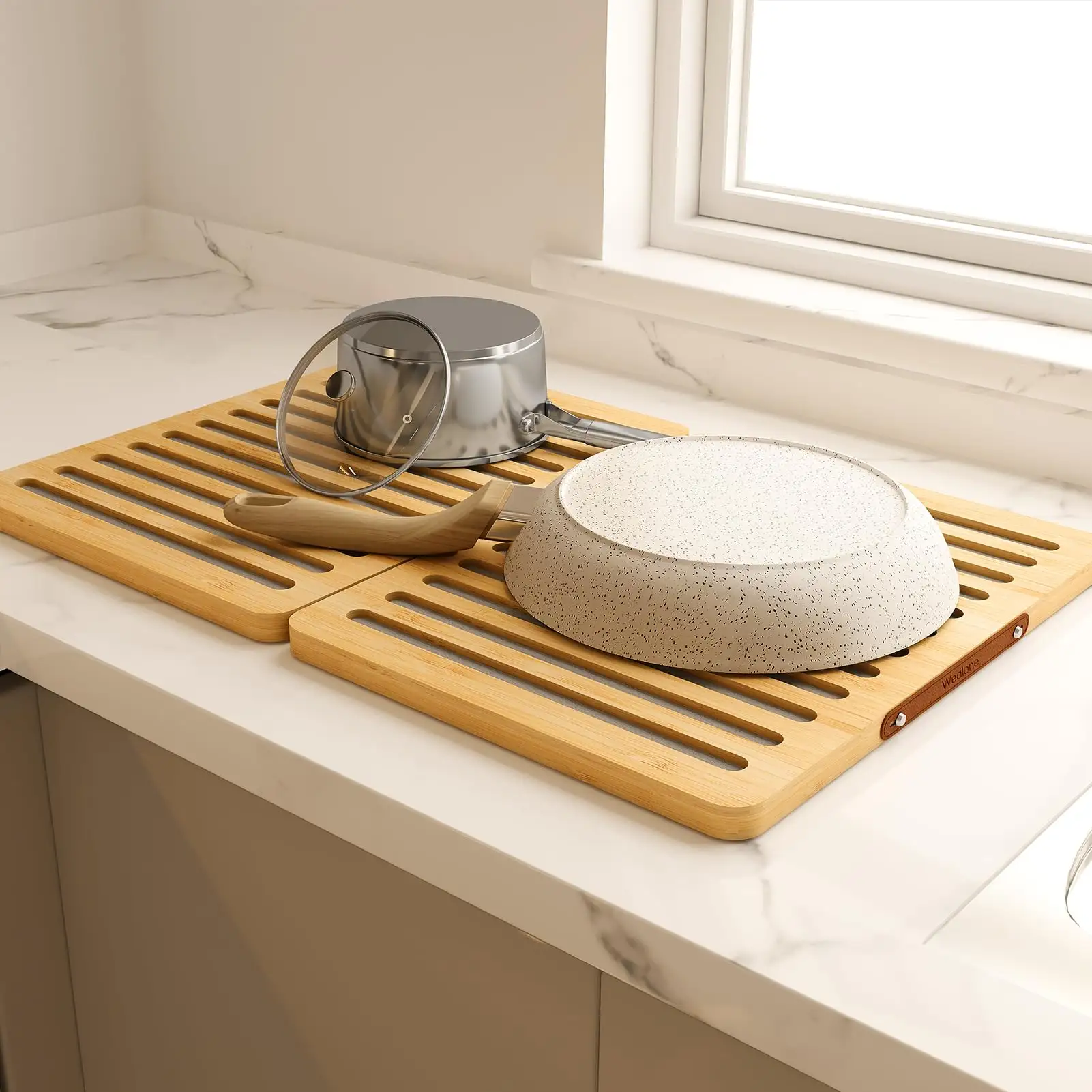 Stuoia di essiccazione del piatto di pietra per il bancone della cucina, stuoia ad asciugatura rapida in terra di diatomee, Design pieghevole in bambù