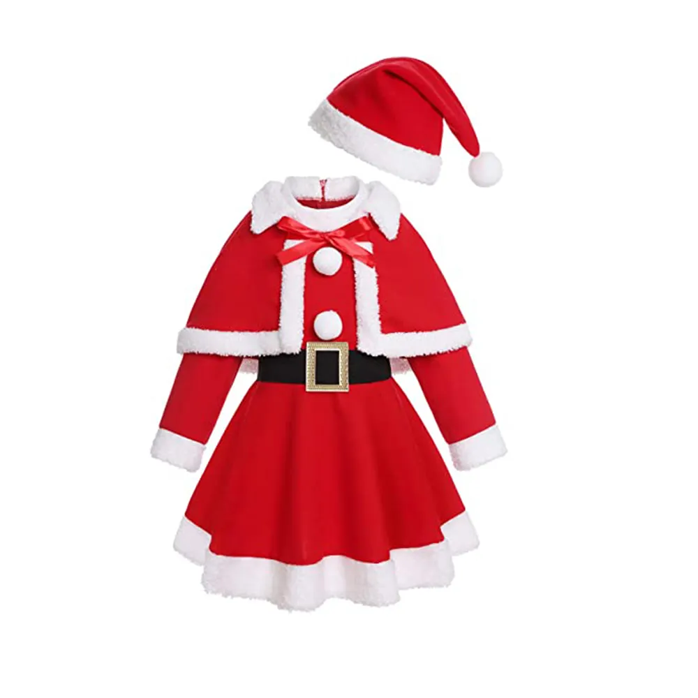 Vestido de manga larga de Papá Noel para niñas, traje de fiesta navideña con chal, sombrero, cinturón, 5379