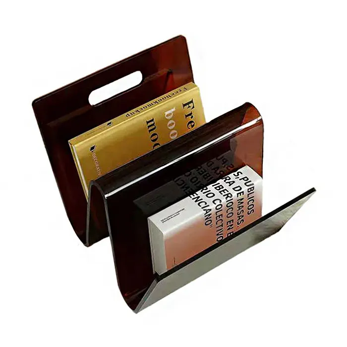 W Shape Brown Acrylic Magazine Holder With Handle Wholesale Orange Acrylic Newspaper Holder Book Stand Wave Design