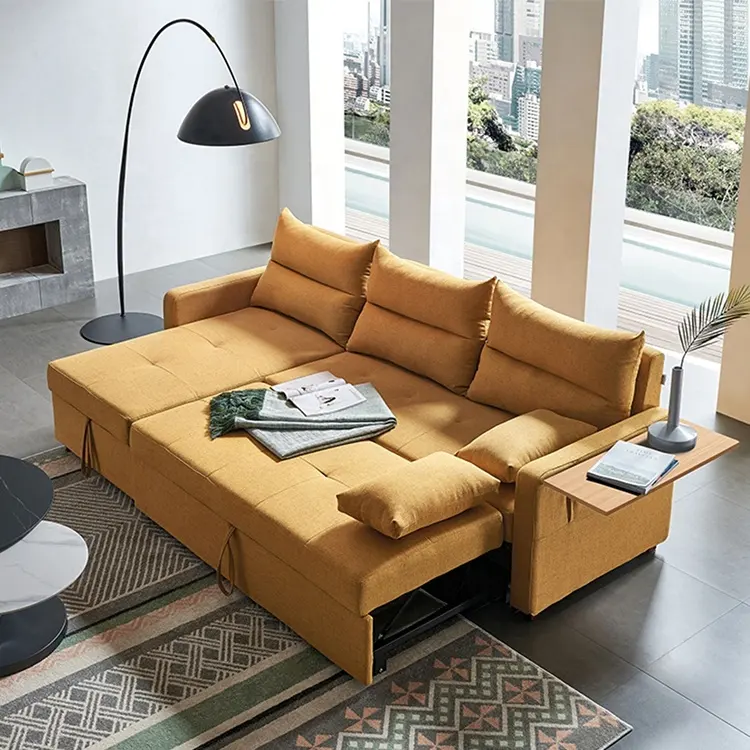 Small living room sofa bed with cup holder yellow color storage folding sofa come bed with price