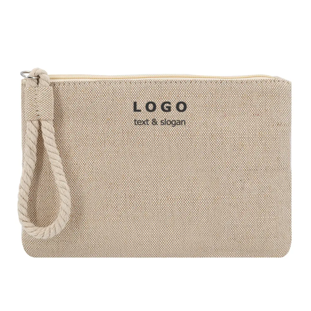 Bolsa organizadora de tejido de yute y algodón con logotipo OEM, bolsa para cosméticos con cremallera, Jacquard Natural, para teléfono