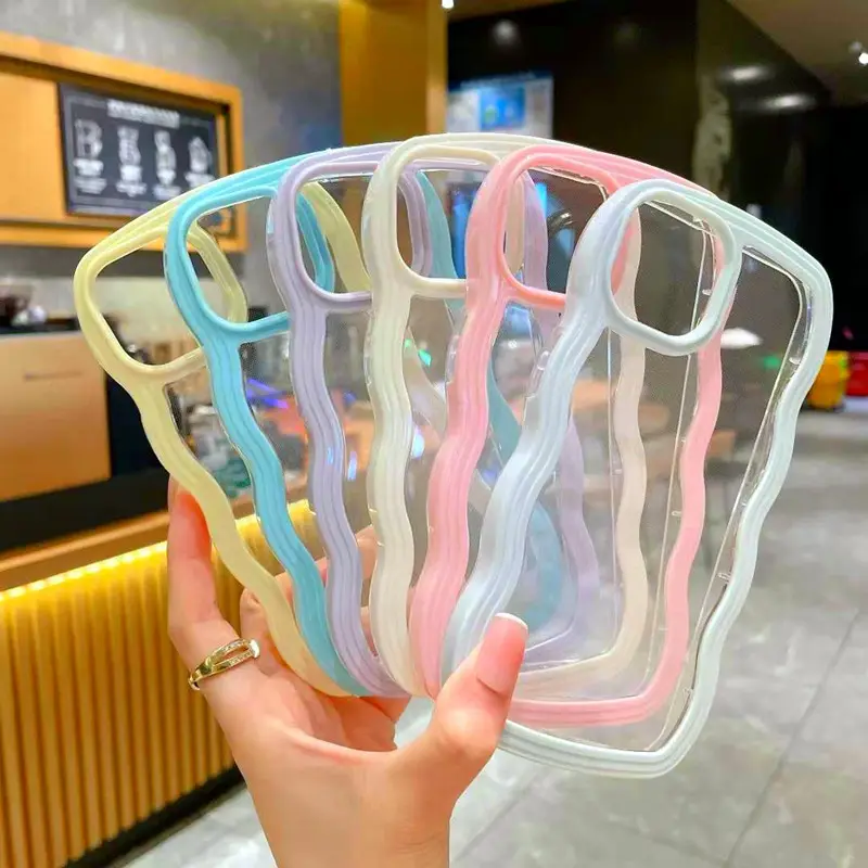 Curve Wave Frame Candy Korean Phone Case For iPhone 14 13 12 11 Pro Max X XR XS Max Transparent Shockproof Cute Soft Cove