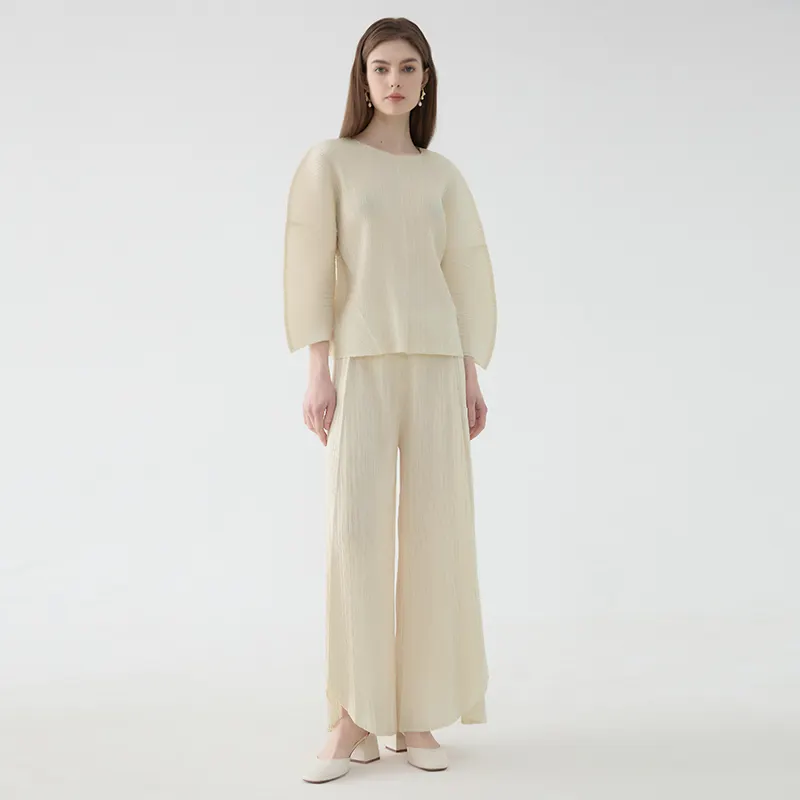 Batwing - Roupa plissada elegante de 2 peças, cor sólida, coreana, com mangas grandes e elegantes, roupa macia para viagens, ideal para mulheres de verão, 2024