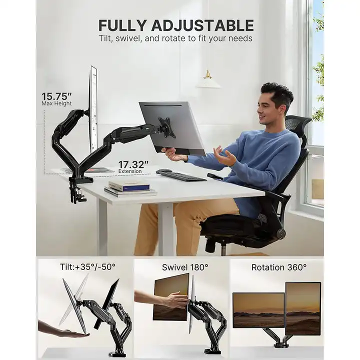 HUANUO Flexible Dual Monitor Vesa Adapter Arm 17 to 27 inch Screen Adjustable Double Dual Monitor Arm Stand