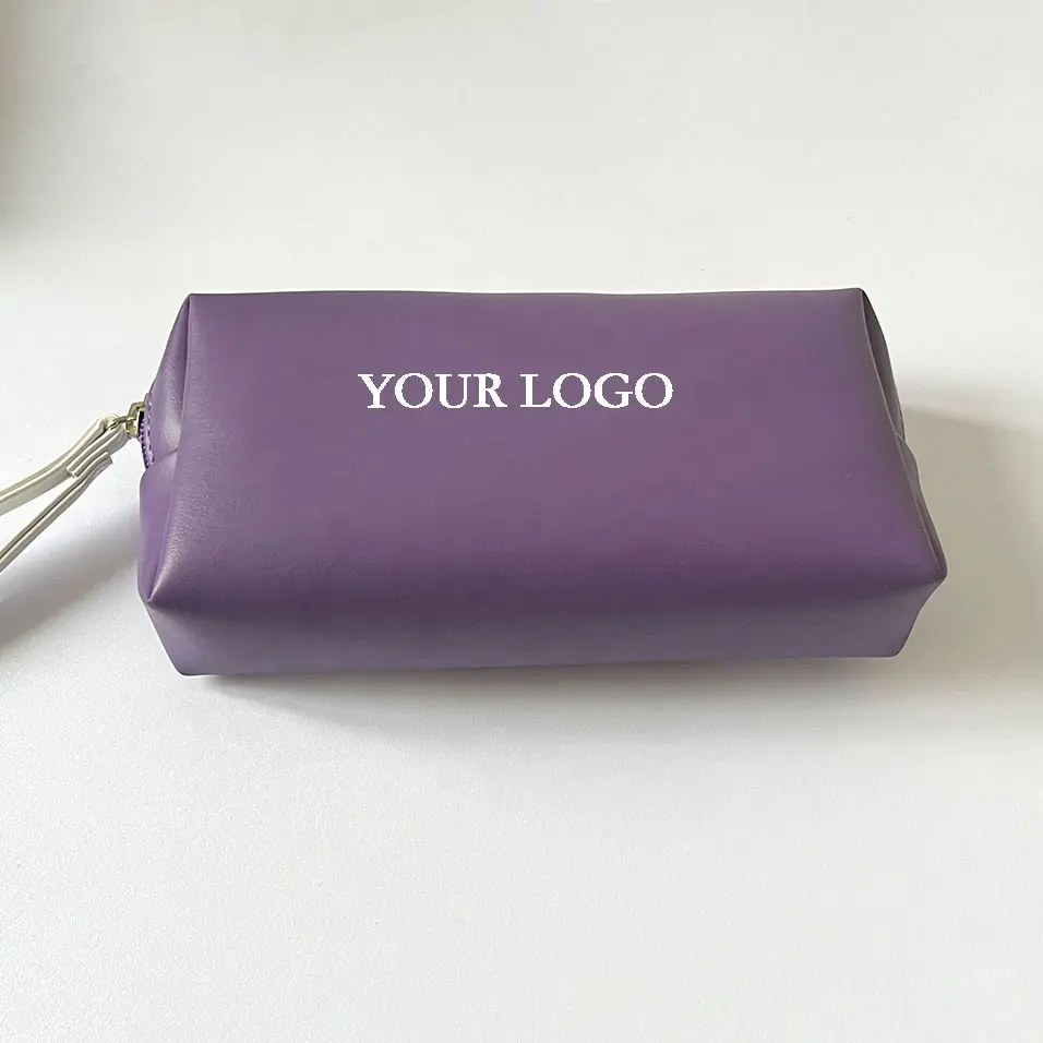 स्वनिर्धारित लोगो मेकअप बैग पेंसिल केस बैंगनी चमड़ा पोर्टेबल यात्रा विज्ञापन उपहार प्रसाधन सामग्री सौंदर्य कॉस्मेटिक पाउच बैग